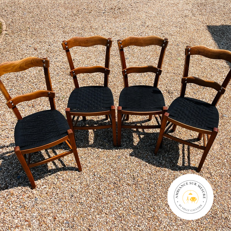 lot de 4 chaises en tressage de cordes monochrome motif différents black is black